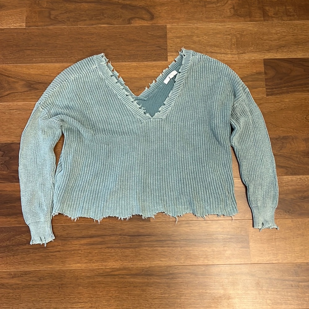 Fate Vneck Sweater with frayed hem- Size Small